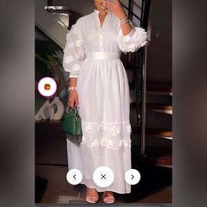 Semi Formal White Stand-Up Collar Lantern Sleeve Half Sleeve 3D Appliqués Maxi